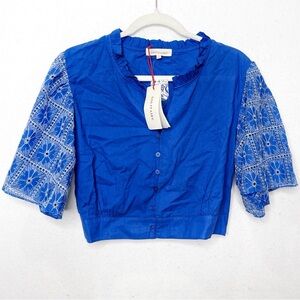 Solitare Women’s Shirt Size XL Blue Ruched Embroidery Crop Top Boho Blouse
